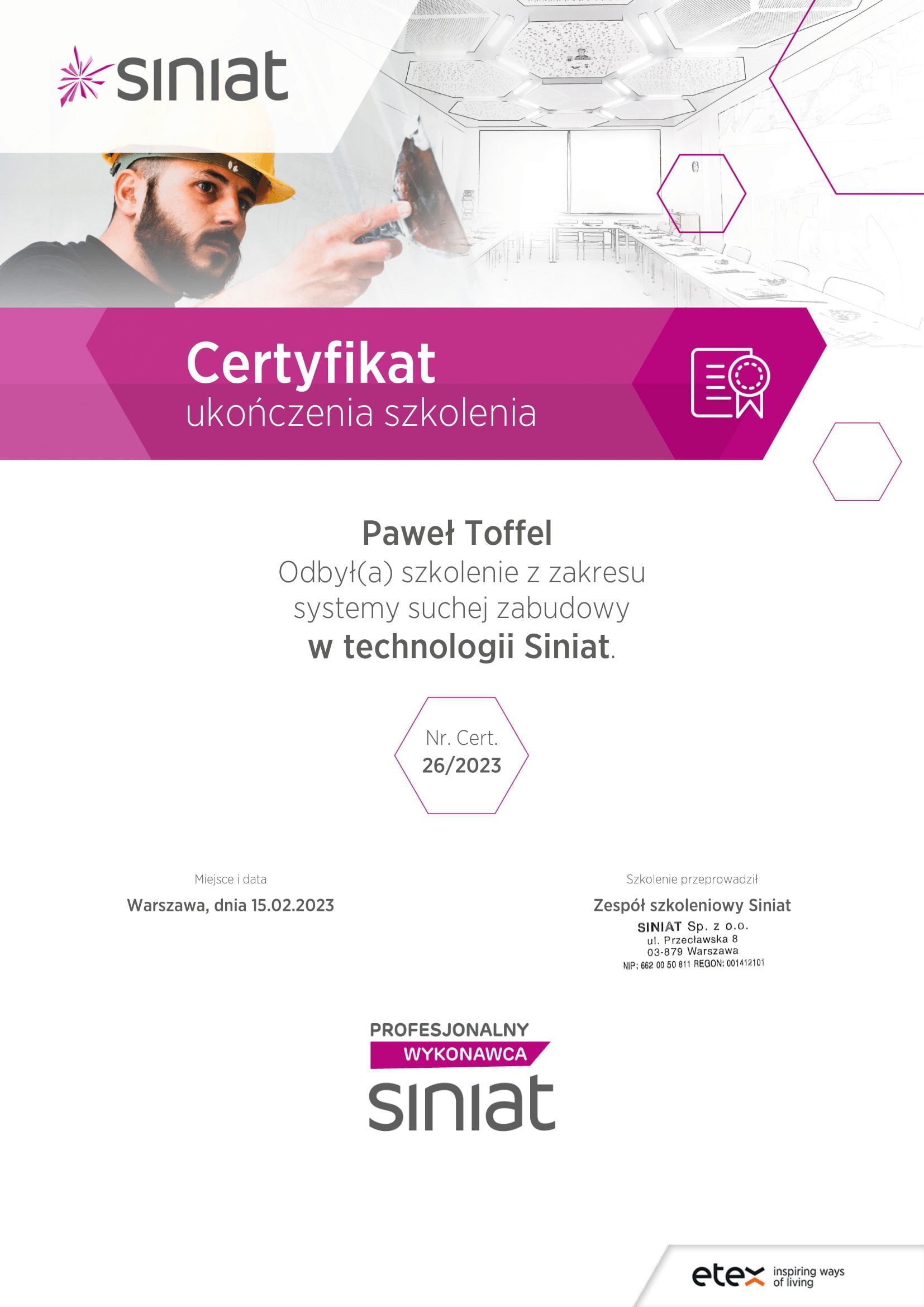 Certyfikat SINIAT – Szkolenie z systemów suchej zabudowy