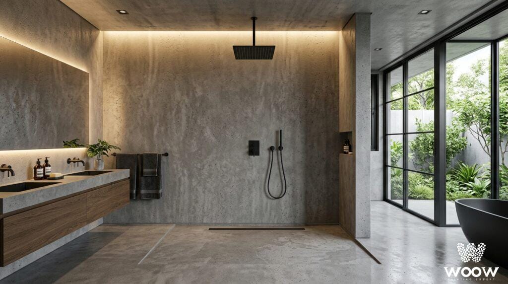 Beton architektoniczny w łazience - tynk pod prysznicem