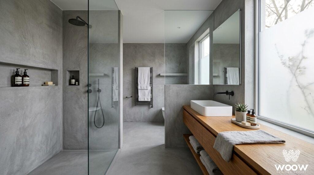 Beton architektoniczny w łazience - tynk pod prysznicem