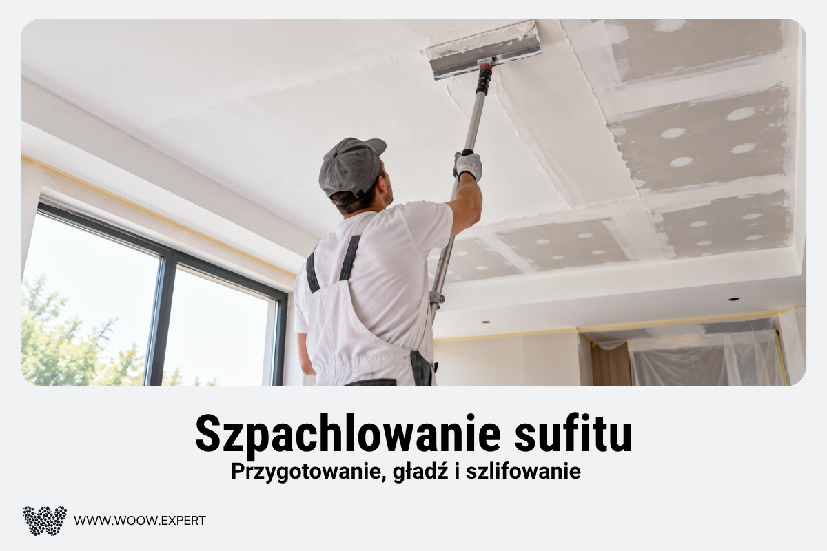 Malarz Nakładający Gładź Szpachlową Na Sufit Podczas Prac Wykończeniowych.