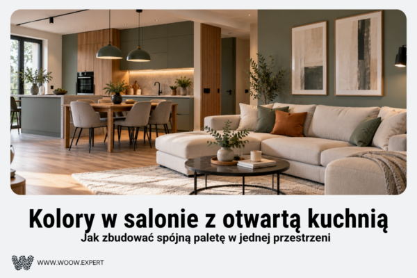 Otwarty Salon Z Kuchnią Pomalowany W Spójnej Palecie Neutralnych I Akcentowych Kolorów.